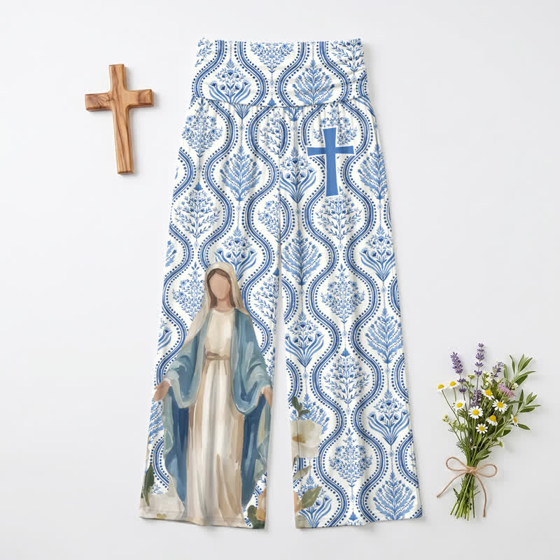 Christianartworkshop Pantalones palazzo de pierna ancha para mujer con estampado de la Virgen Cruz en azul y blanco. - EE. UU. 22, Reino Unido/Australia 26, UE 54 - image 0
