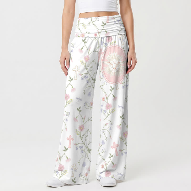 Christianartworkshop Pantalones de mujer de talle alto y pierna ancha con estampado floral en tonos pastel y estampado de cruz. - image 1