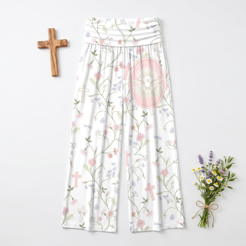 Christianartworkshop Pantalones de mujer de talle alto y pierna ancha con estampado floral en tonos pastel y estampado de cruz. - EE. UU. 22, Reino Unido/Australia 26, UE 54 - image 0