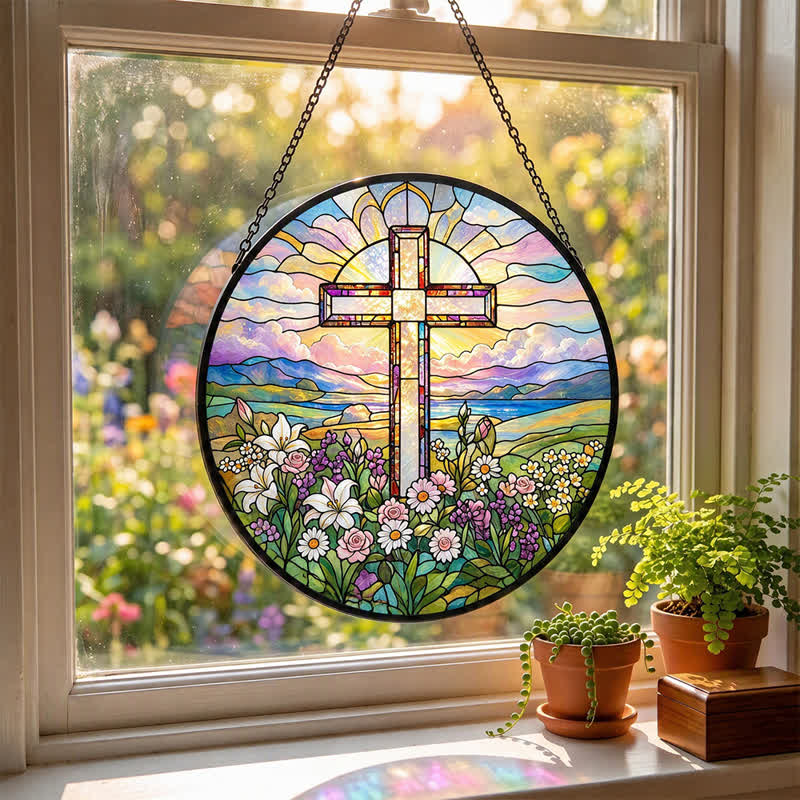 Christianartworkshop Atrapasueños de cristal con forma de cruz panorámica redonda: símbolo de gracia sagrada atemporal. - image 2