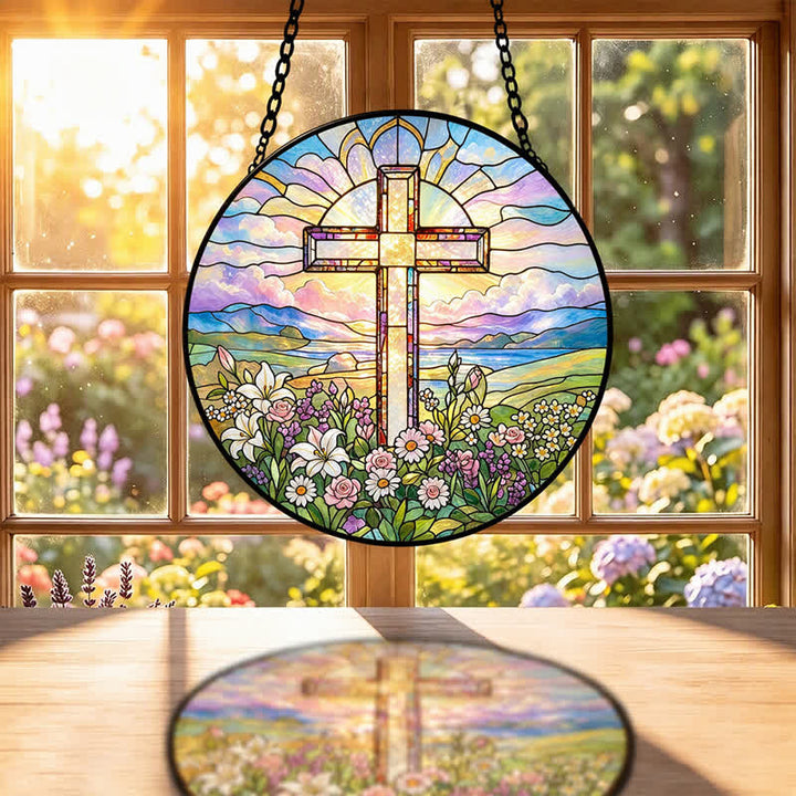 Christianartworkshop Atrapasueños de cristal con forma de cruz panorámica redonda: símbolo de gracia sagrada atemporal. - image 1