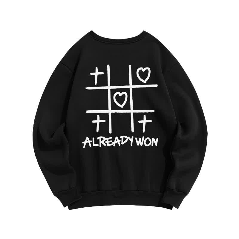 Christianartworkshop Sudadera negra de cuello redondo con estampado de corazón cruzado "Already Won" - image 1