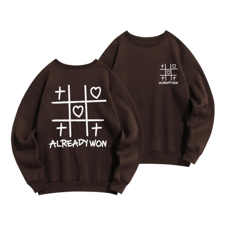 Christianartworkshop Sudadera negra de cuello redondo con estampado de corazón cruzado "Already Won" - Café - 2XL - image 15