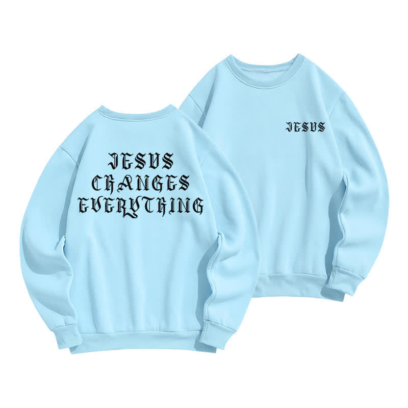 Christianartworkshop Sudadera con estampado gótico en la espalda con la frase "Jesús lo cambia todo" - Azul - 2XL - image 0