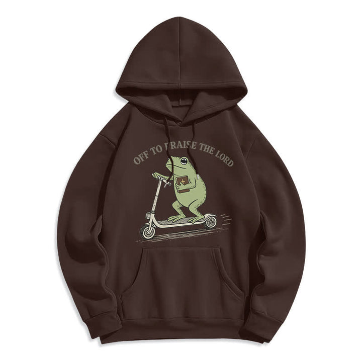 Christianartworkshop Sudadera extragrande azul con capucha "Off To Praise The Lord Frog" - Café - 2XL - image 6