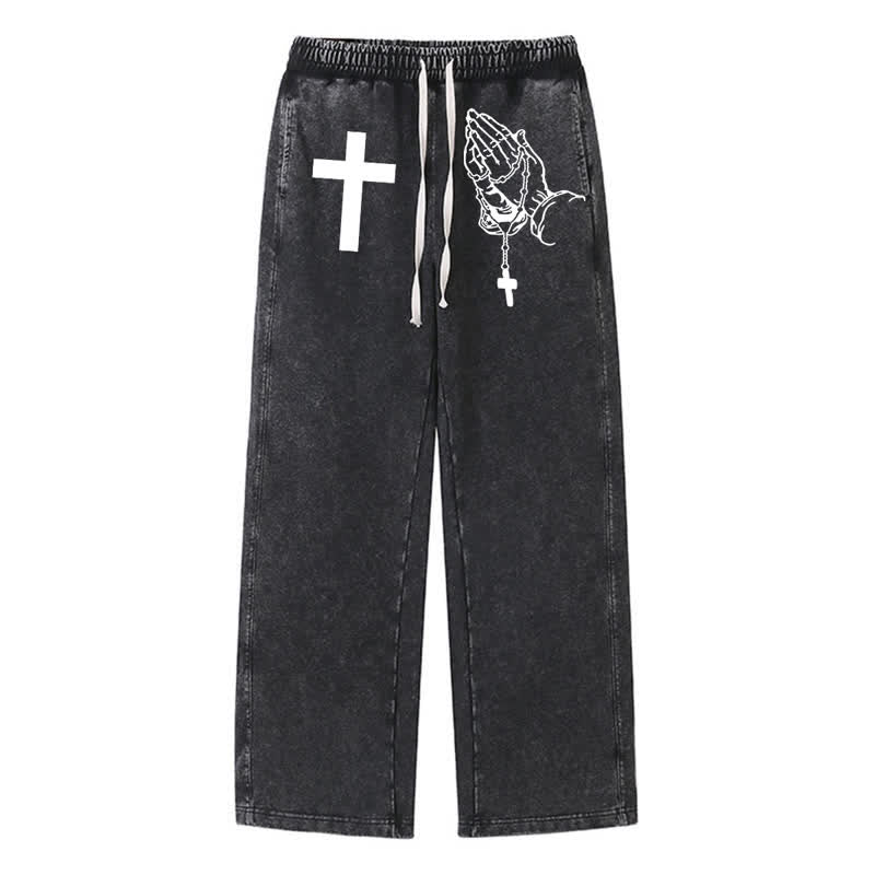 Christianartworkshop Pantalones deportivos vintage negros lavados con cruz y manos en oración - Negro - 2XL - image 0