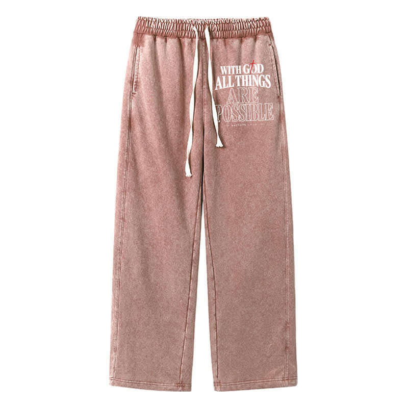Christianartworkshop Pantalones deportivos lavados con la inscripción "Con Dios todo es posible" - Marrón - 2XL - image 0